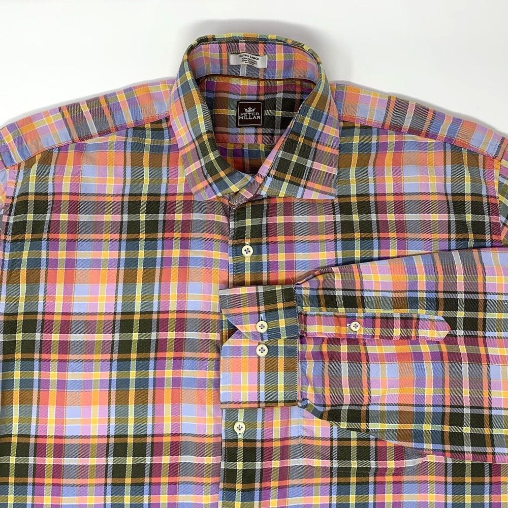 Peter Millar Pastel Plaid Cotton Long Sleeve‎ Button Up Men's Shirt Size XL